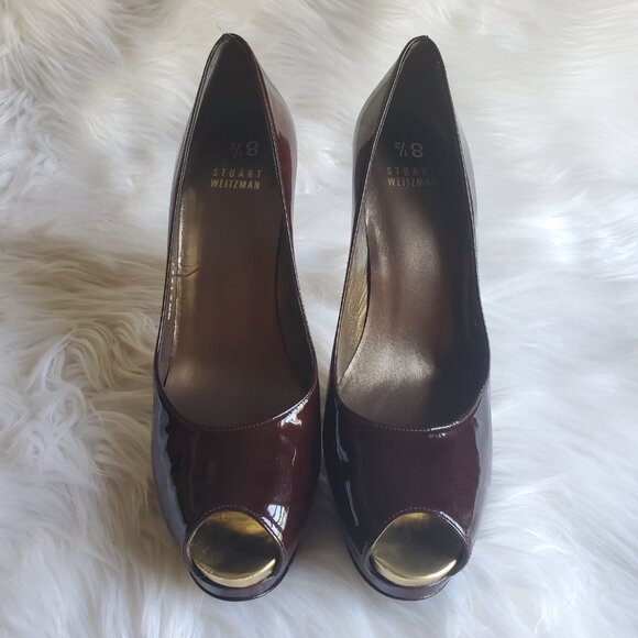Stuart Weitzman Burgundy Patent Leather Peep Toe Platform Pumps SZ 8.5 - Picture 4 of 12